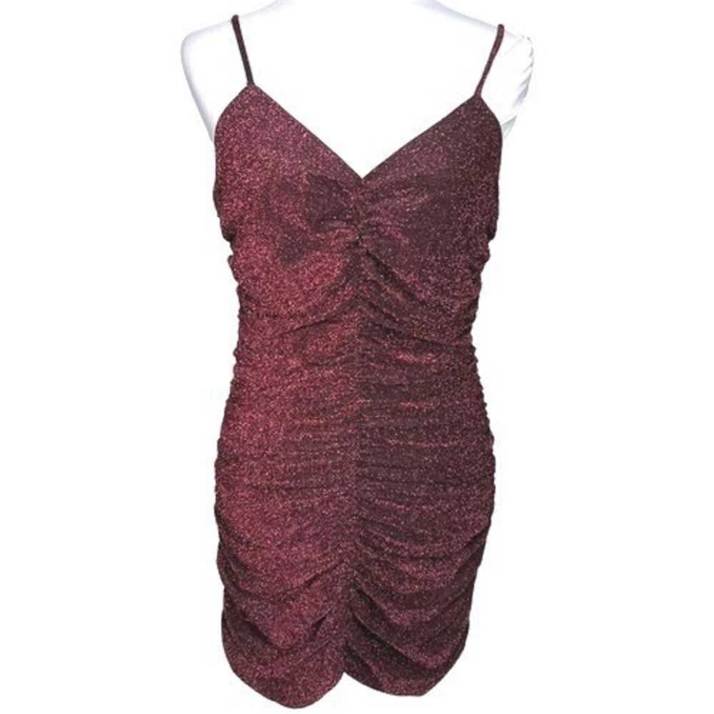 Lulus Bodycon Dress Women Large Ruched Metallic Glitter Mini Party Burgundy Wine